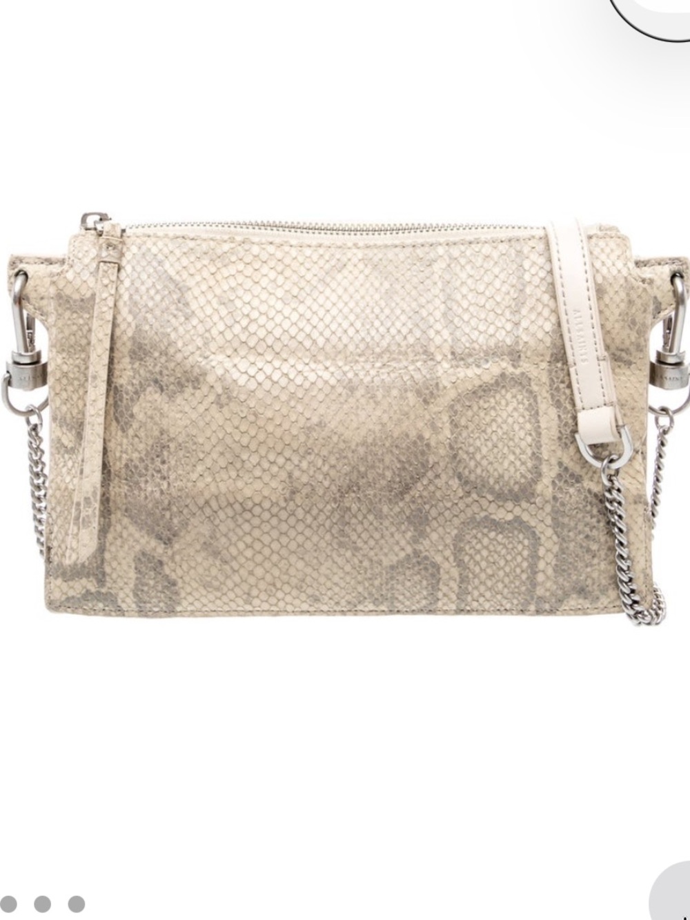 AllSaints Neutral Beige Snakeskin Crossbody Clutch with Chain